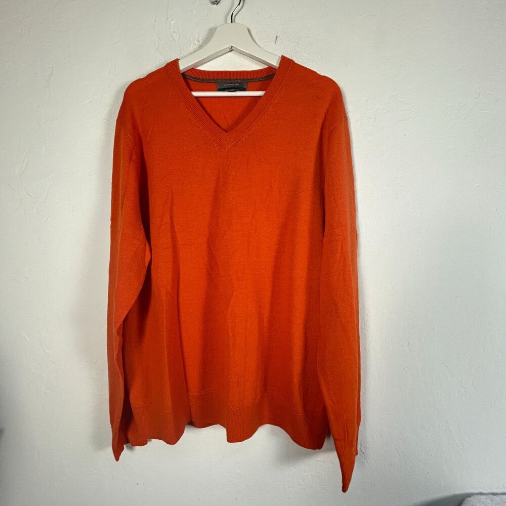 Merona Men Merino Wool Knit V-Neck Sweater XL Orange Pullover Long Sleeve Casual